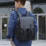 Sac à dos tendance pour hommes, sacoche d'ordinateur en cuir PU, pour étudiants, quotidien, avec poches et fermetures éclair multiples, idéal pour le travail, 2025 – Image 2