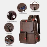 Sac à dos vintage en PU pour ordinateur portable 15,6 pouces, tissu imperméable, plusieurs poches, idéal pour le travail, les déplacements, les rendez-vous, les rendez-vous, les cadeaux pour hommes – Image 6