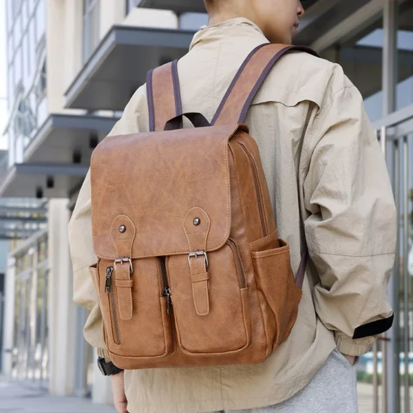Sac à dos tendance pour hommes, sacoche d'ordinateur en cuir PU, pour étudiants, quotidien, avec poches et fermetures éclair multiples, idéal pour le travail, 2025