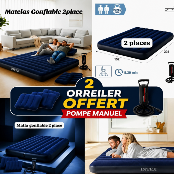 Matelas gonflable manuel - 2 places -  oreillers offert